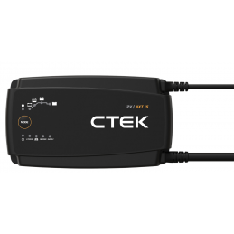 NXT 15 kraftfull 12V batteriladdare med supply-läge och temperatursensor.