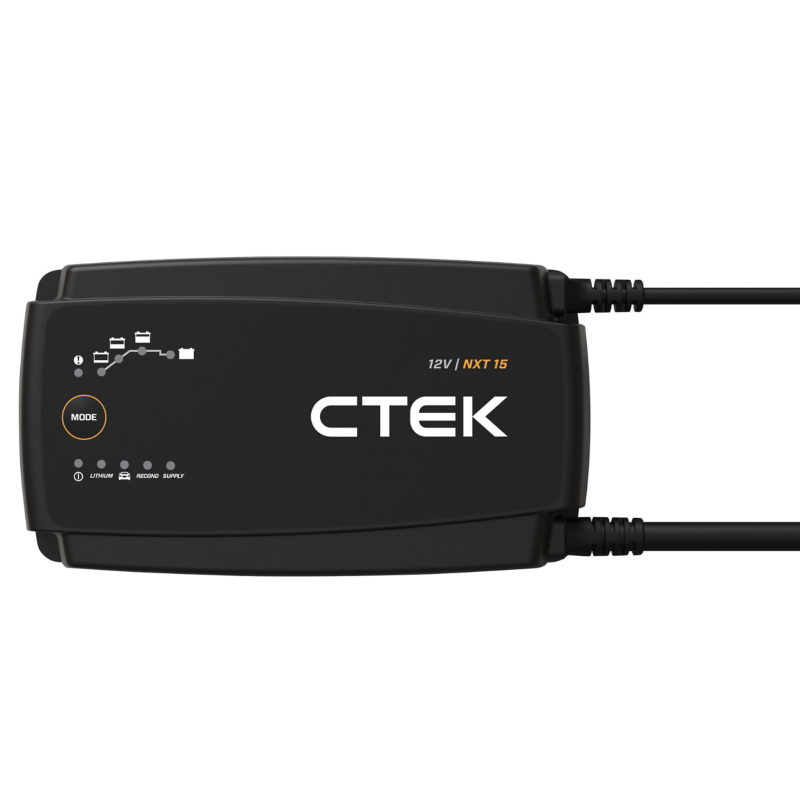 NXT 15 kraftfull 12V batteriladdare med supply-läge och temperatursensor.